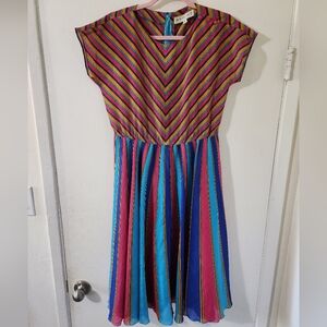 Vintage 1980s Rainbow Chevron Stripe Pink Stud Blue Yellow Midi Swing Dress M